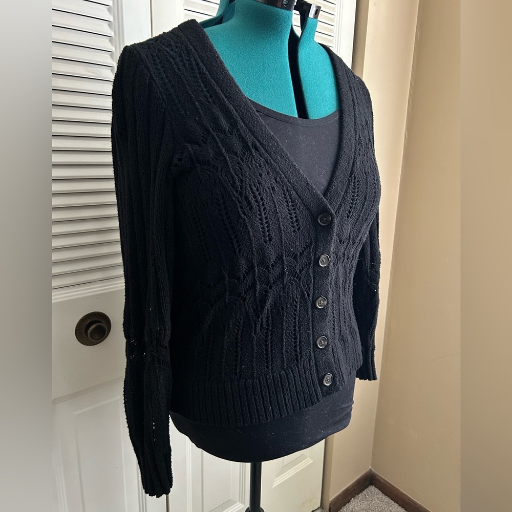 Torrid Black Open Knit Cardigan Size 00 Button Front Lightweight Sweater